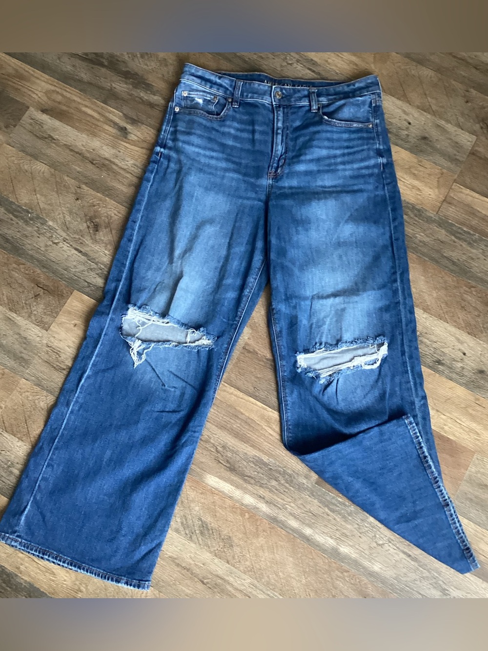 American Eagle Outfitters Blue Ripped Wide-Leg Jeans
